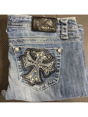 Grace In LA Womens Embellished Bootcut Jeans Size 30 Cross Pocket Design Blue De